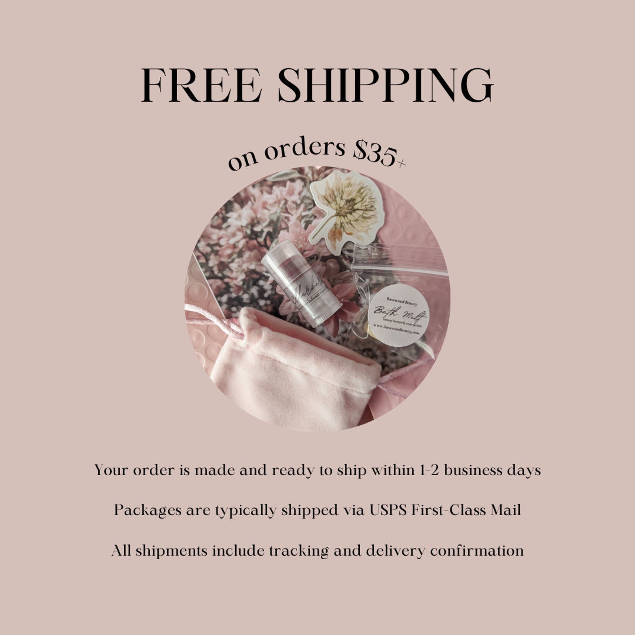 Free shipping graphic with pink background, text, and product packaging inside a circle.