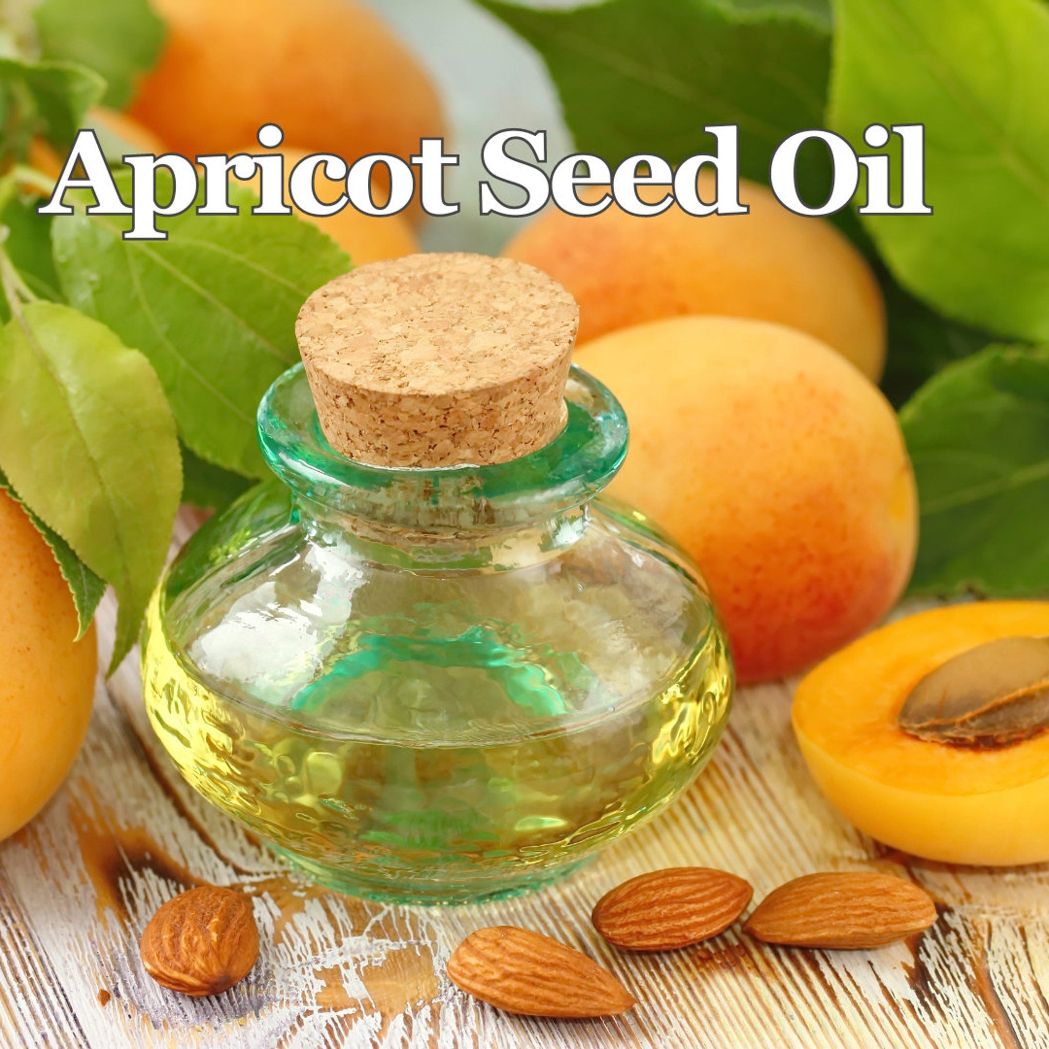 Apricot Seed Oil in a glass bottle with cork stopper, surrounded by apricots and seeds