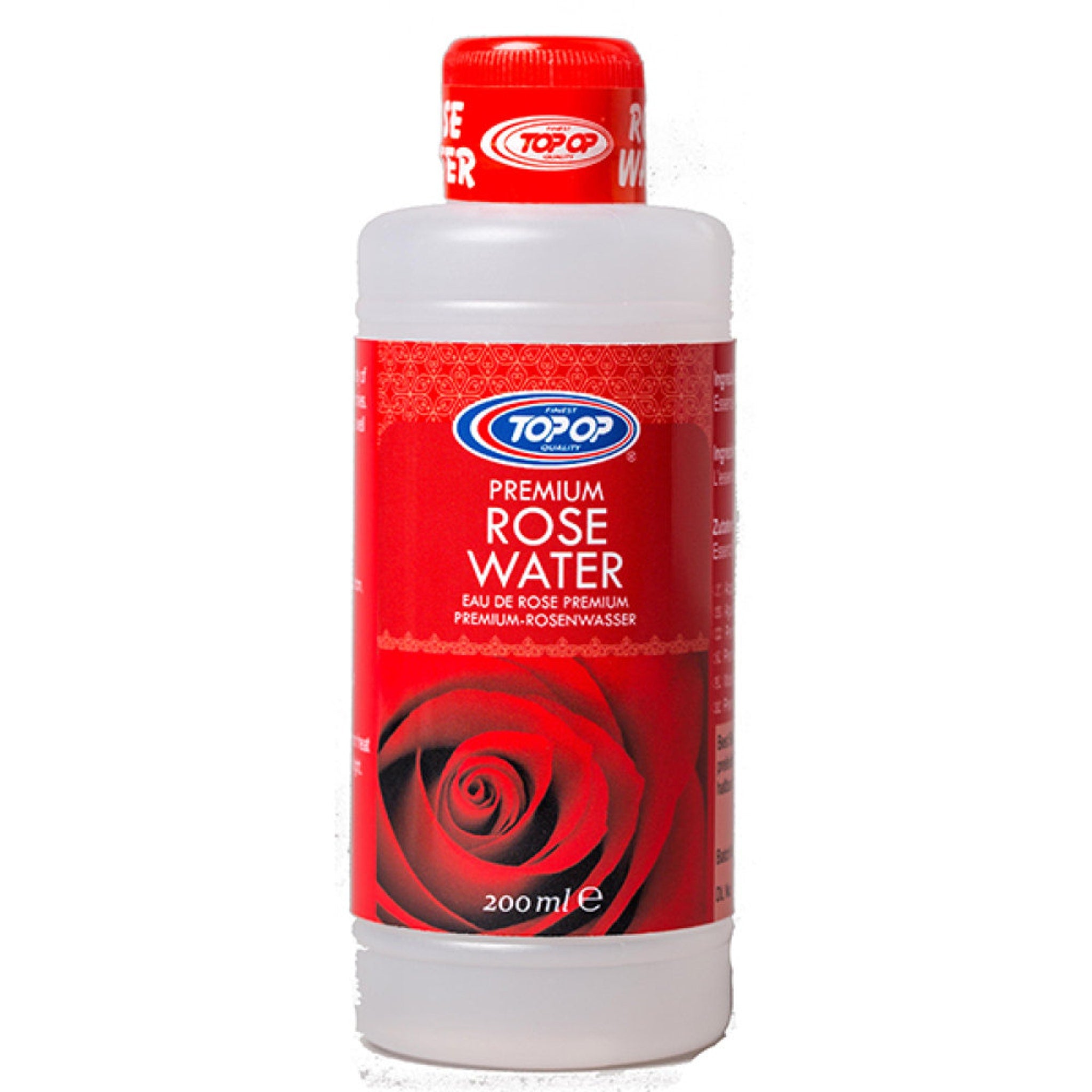 Rose water bottle with red and white label, floral design, and TOP OP brand text