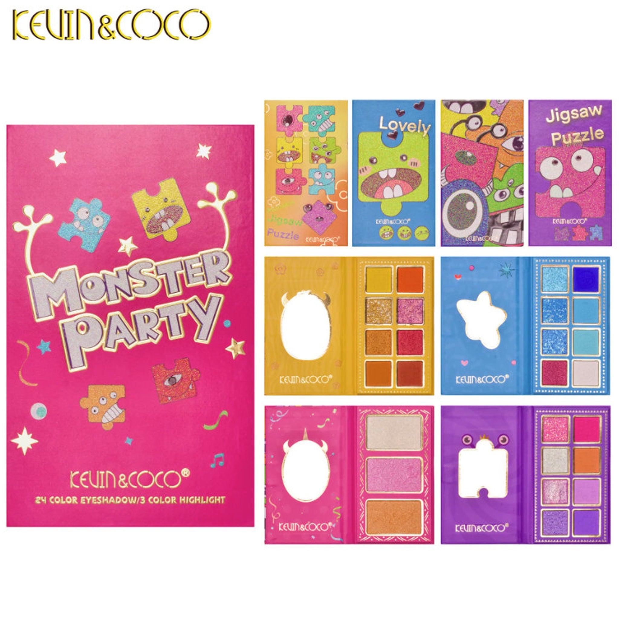 Eyeshadow palette with pink cover, monster design, and KEVIN&COCO brand name visible