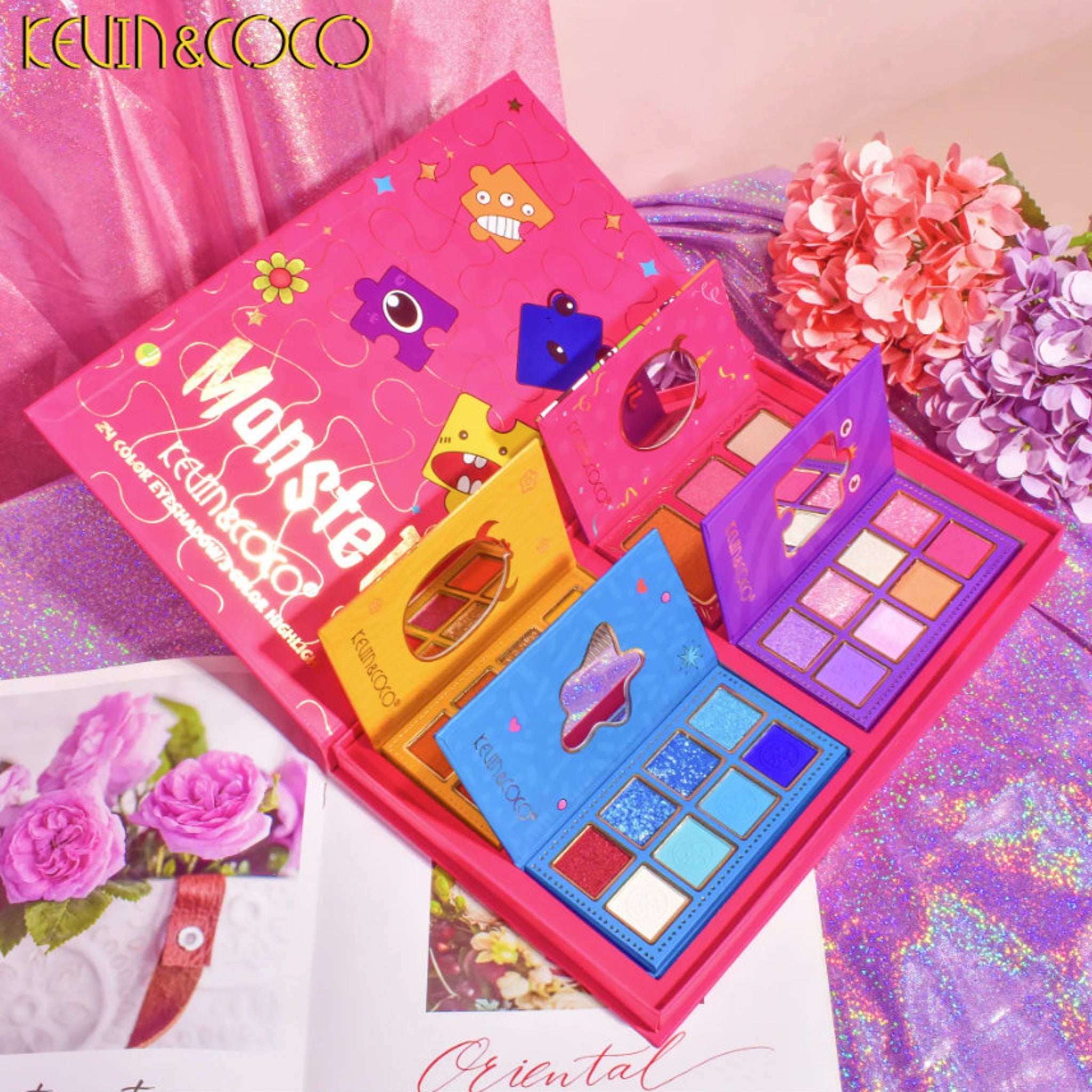 Eyeshadow palette with multiple colors, brand name KEUIN&COCO, in pink and blue packaging