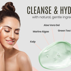 Skincare product with woman, green gel, and text "CLEANSE & HYD" on a light background.