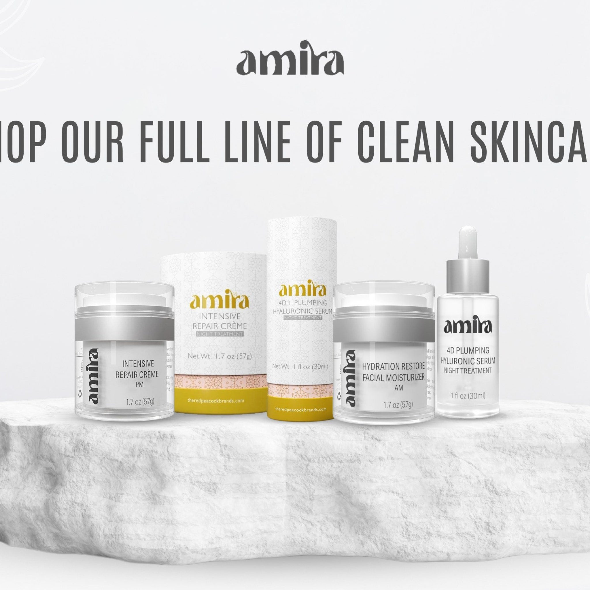 Skincare products with white and gold packaging, amira brand name visible, on a stone surface