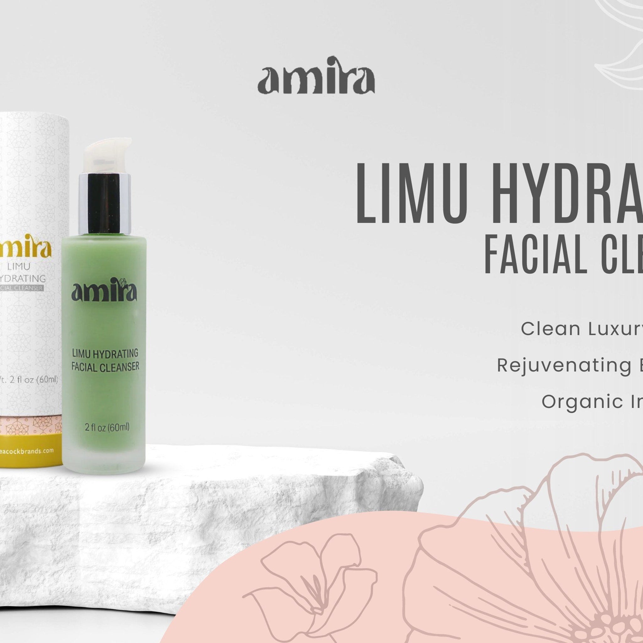 Facial cleanser bottle, green glass, silver pump, Amira Skin branding