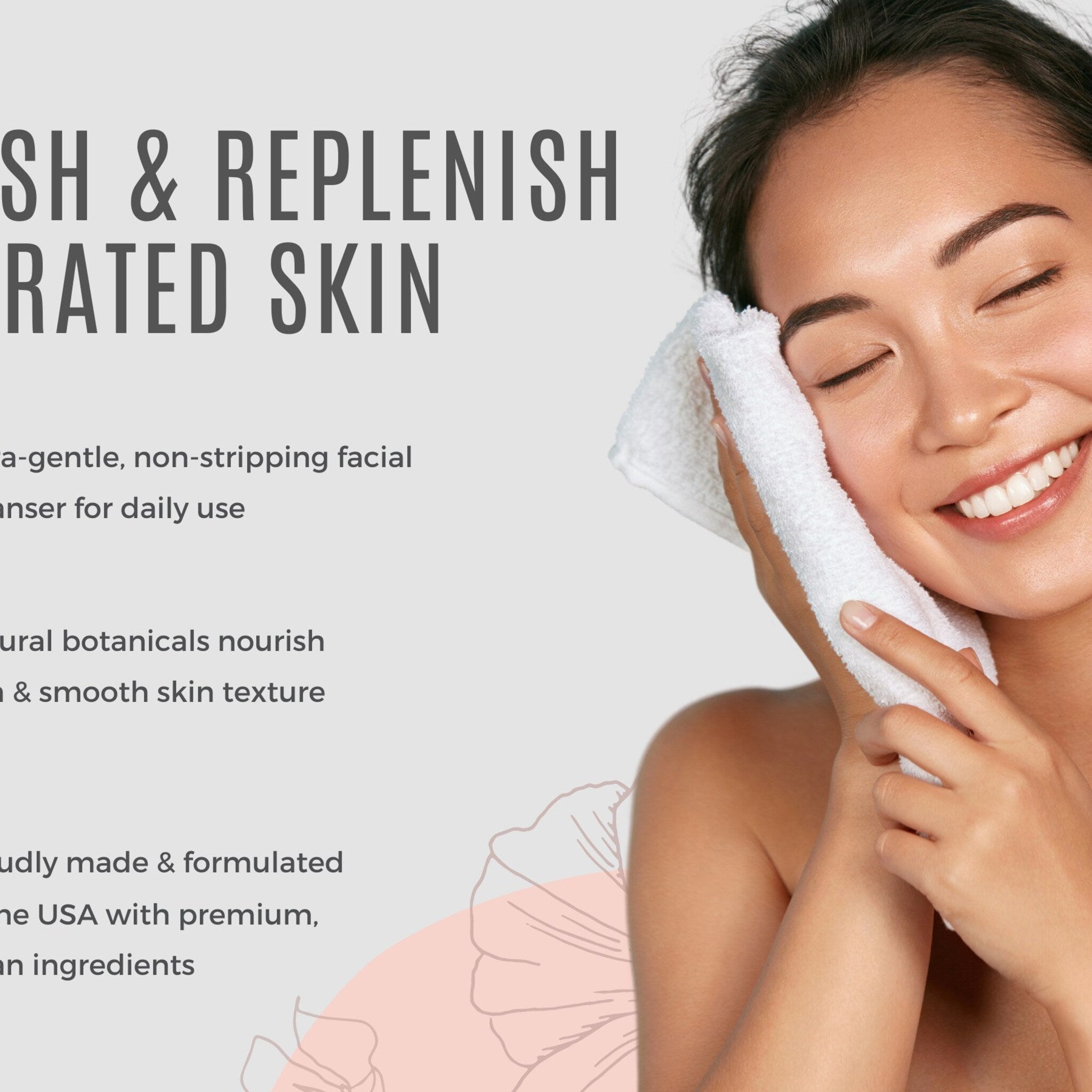 Woman with white towel, smiling, eyes closed, holding towel to face, skincare concept