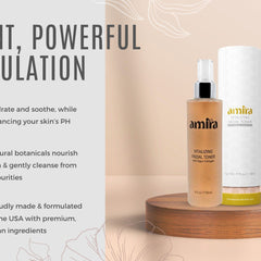 Facial toner bottle, amber liquid, clear pump, and white label with amira text