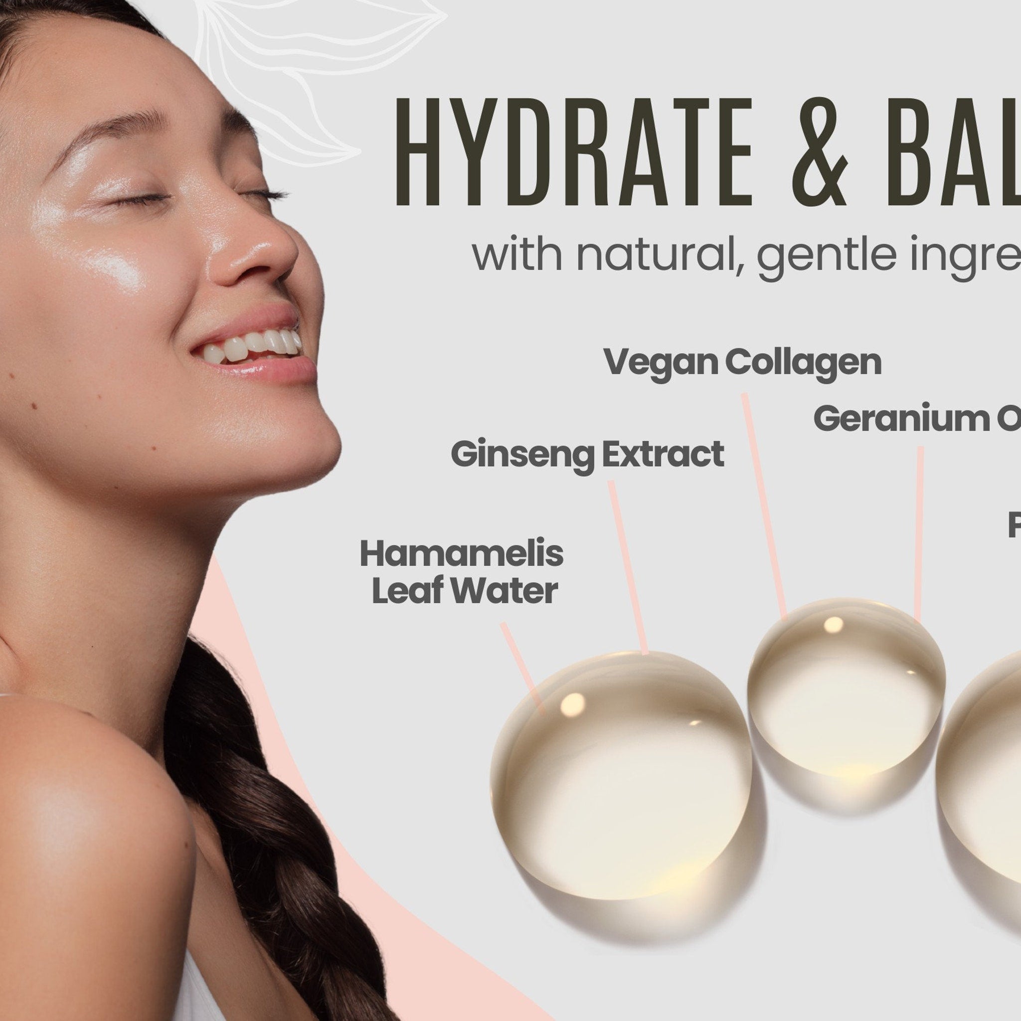 Skincare ingredients with clear, round, liquid droplets and woman's face, light background