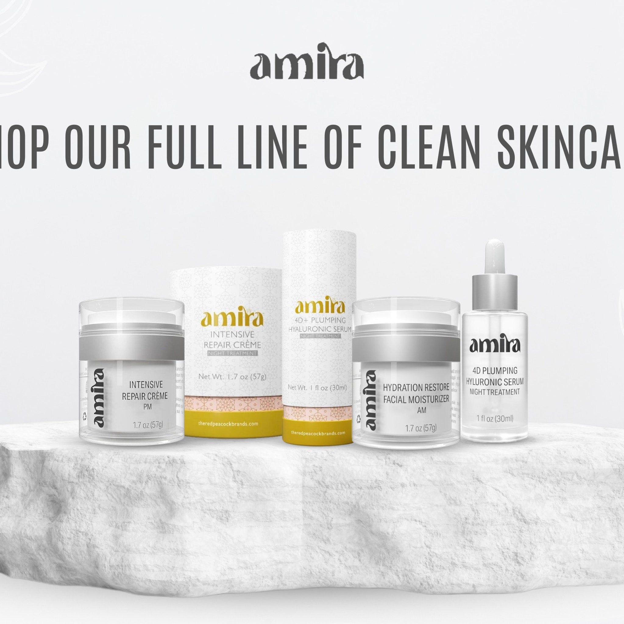 Skincare products in white and gold packaging, amira brand products on display