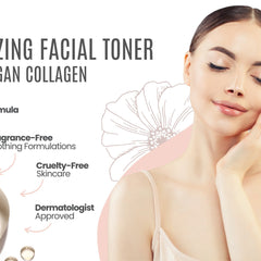 Facial toner with woman in beige top, floral graphic, and pink background, skincare concept