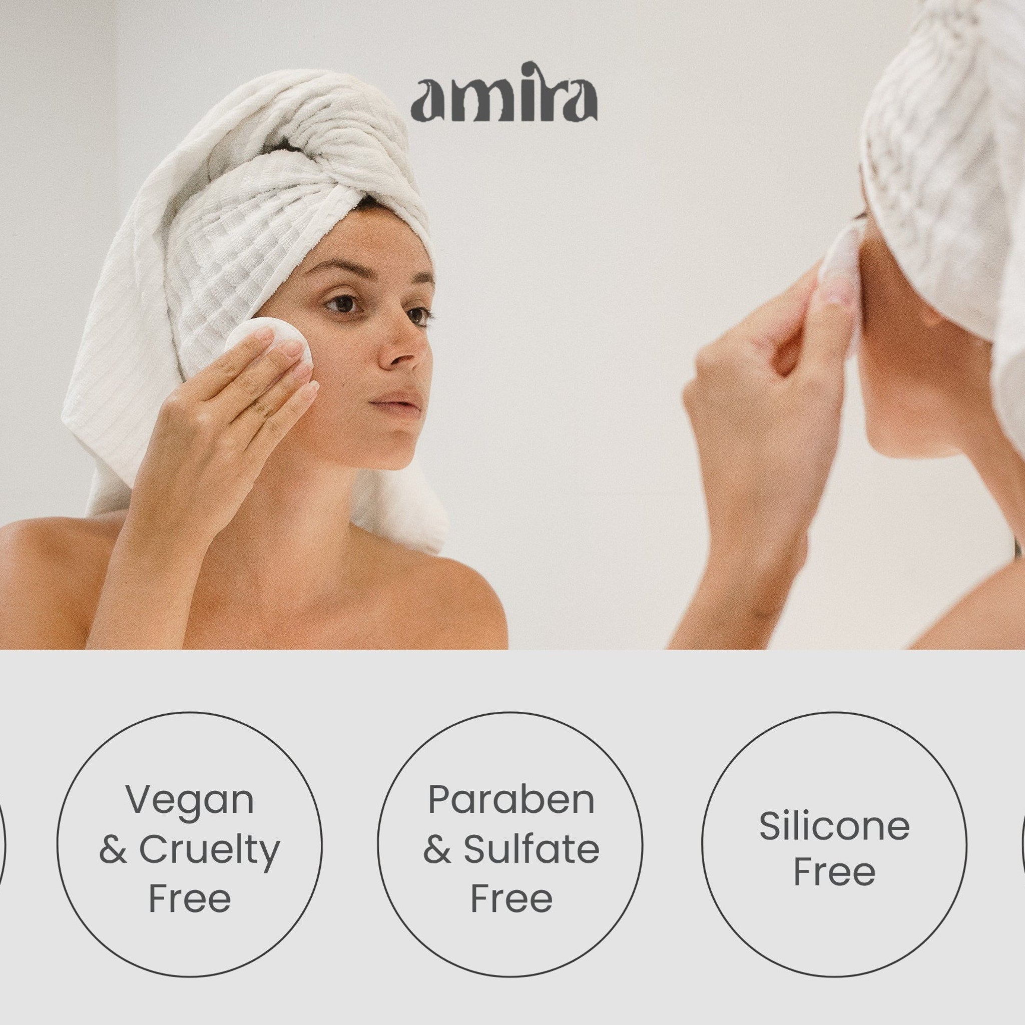 Woman using a white cotton pad, wearing white towel, with amira logo in the background