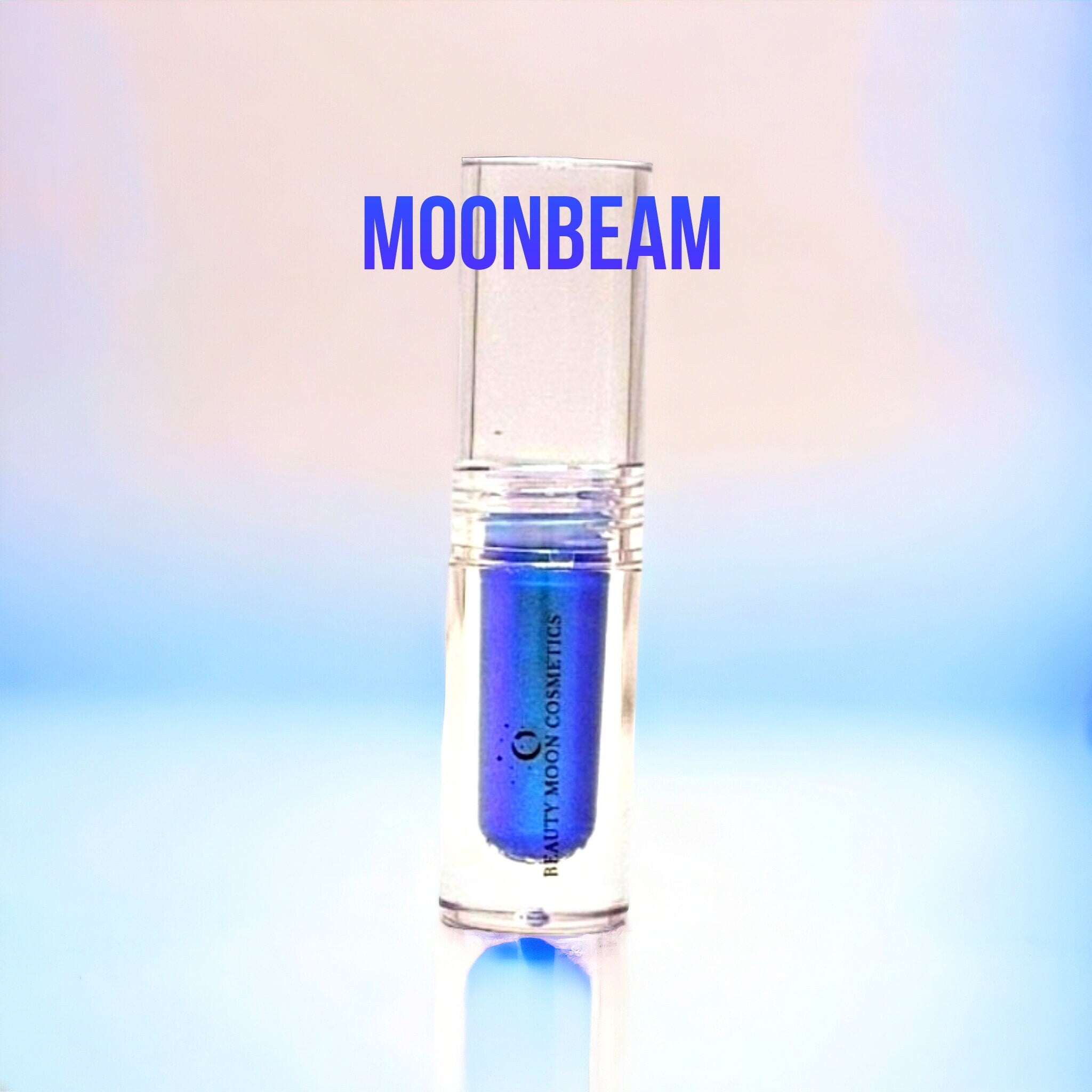 Side view of multichrome liquid eyeshadow bottle showing iridescent purple-green shift in angled lighting