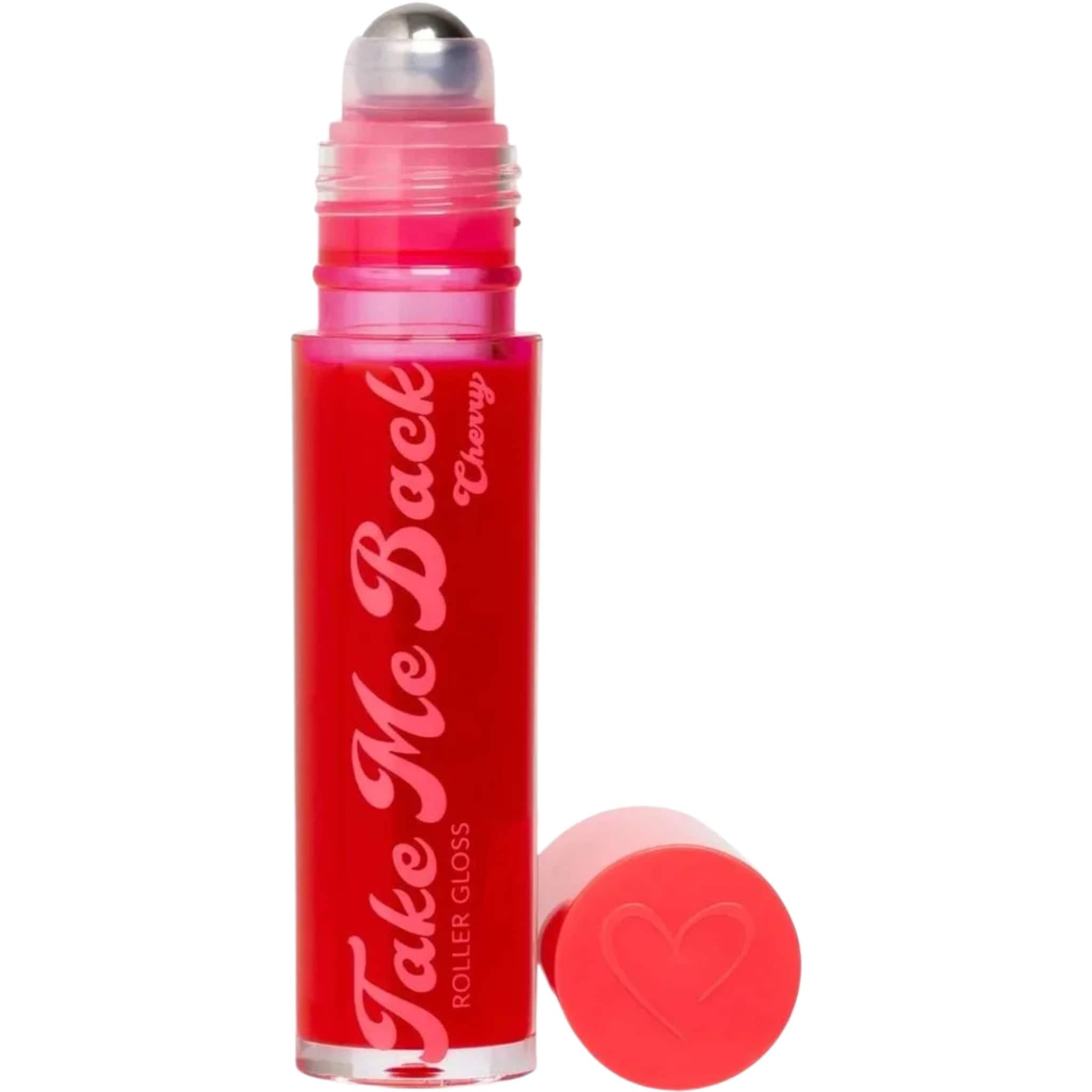 Roller gloss bottle with red liquid, pink text, and a silver rollerball applicator