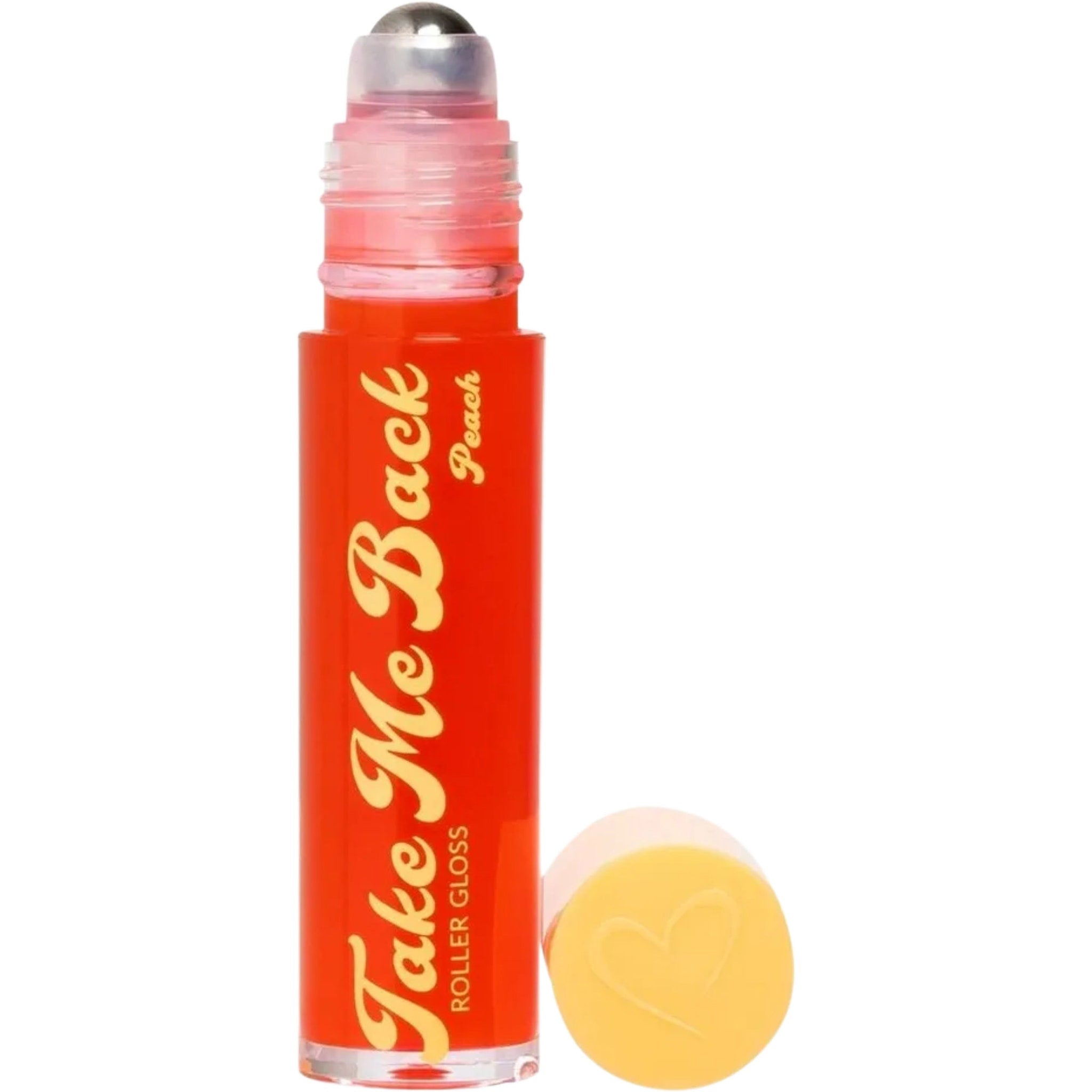 Roller gloss tube with orange and gold text, peach color, and heart detail on cap