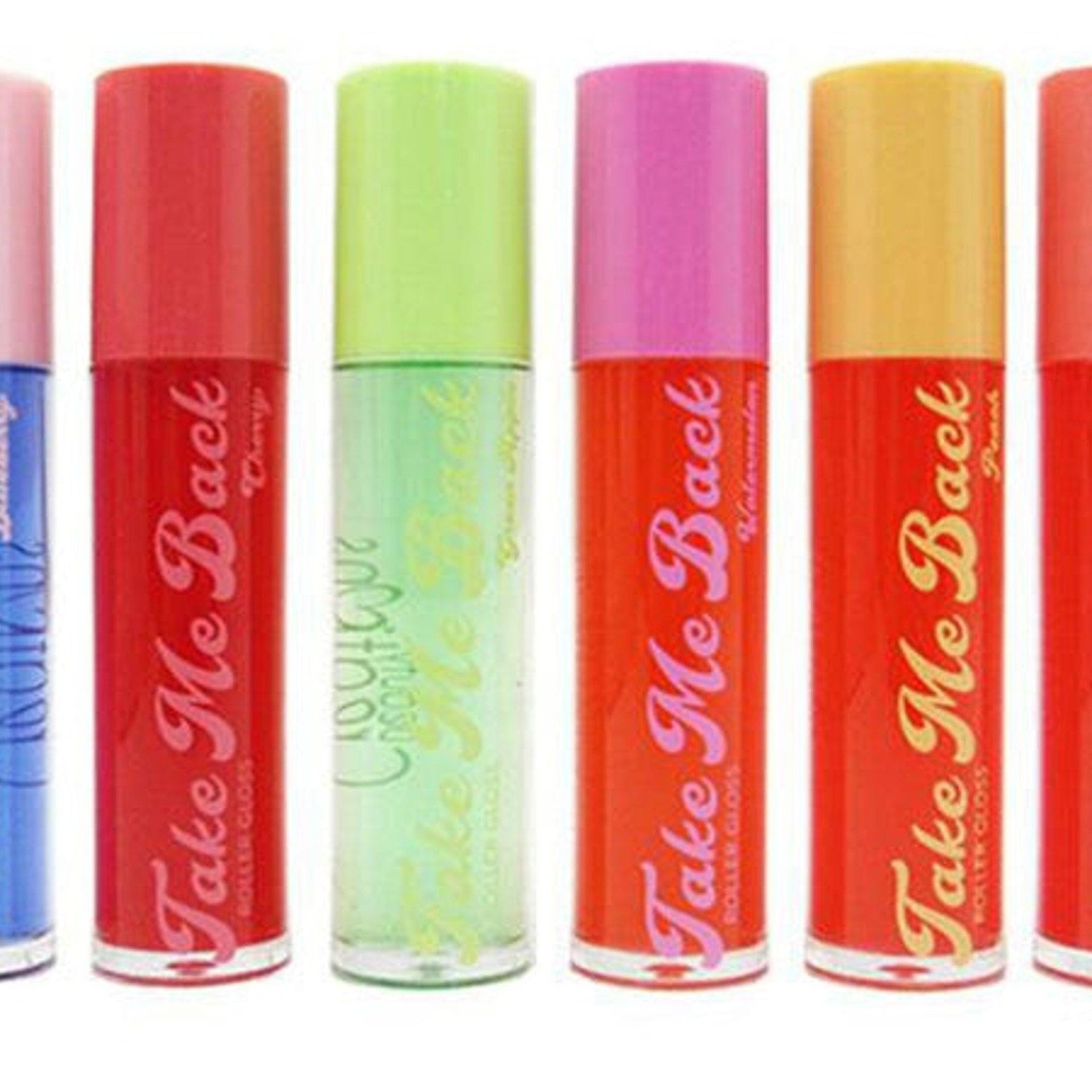 Roller gloss tubes in various colors with "Take Me Back" text, for lip application
