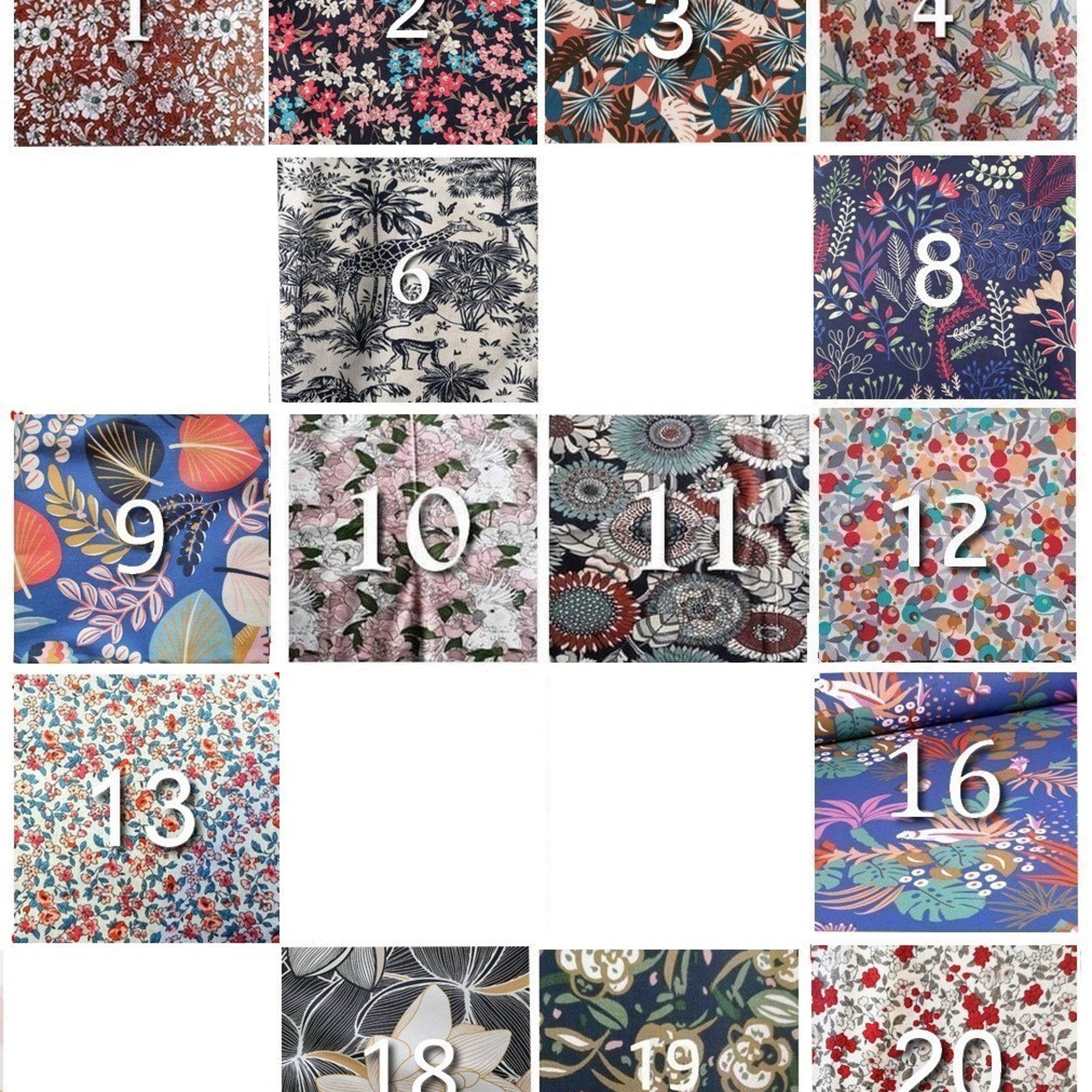 Fabric swatches with floral patterns in various colors and styles