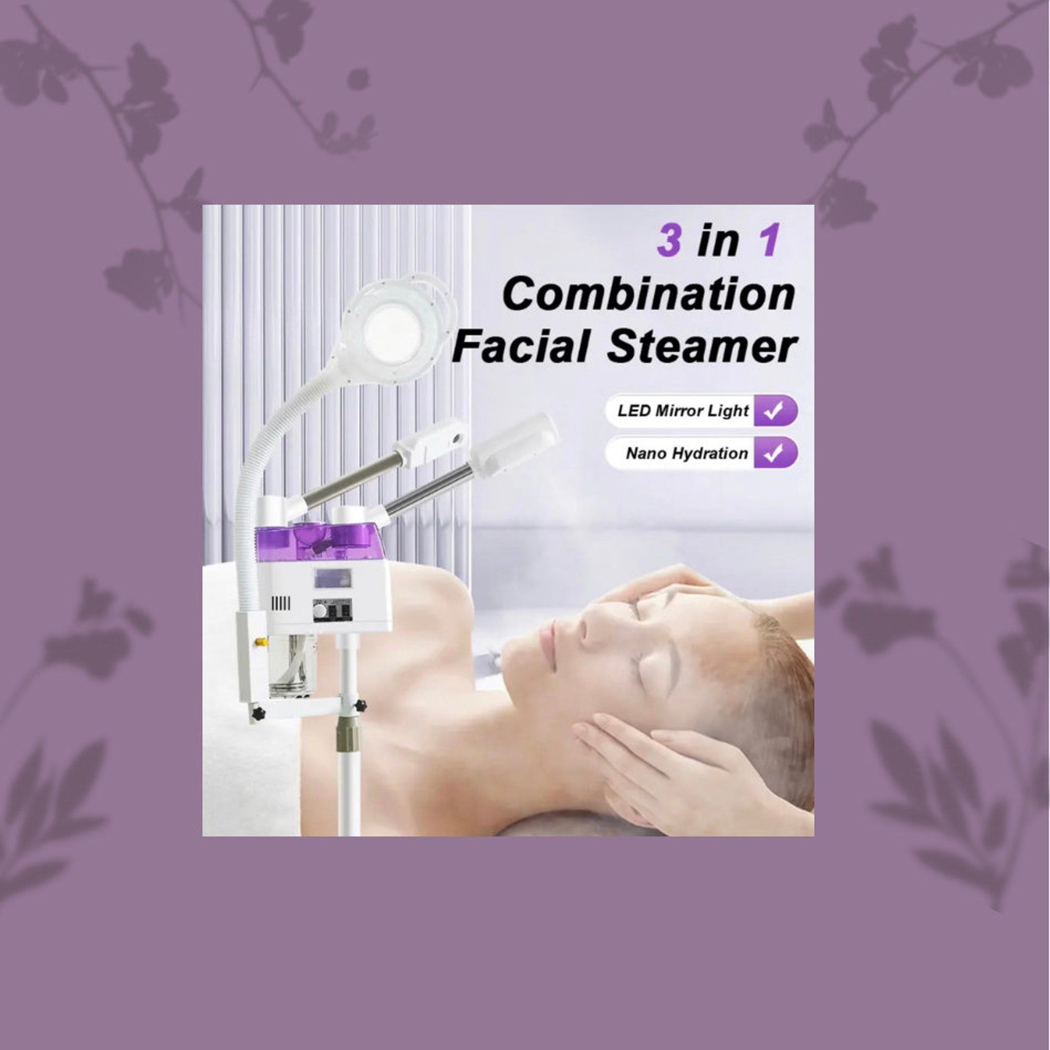 Side view of sleek white facial steamer with digital display and detachable water tank for glowing skin care