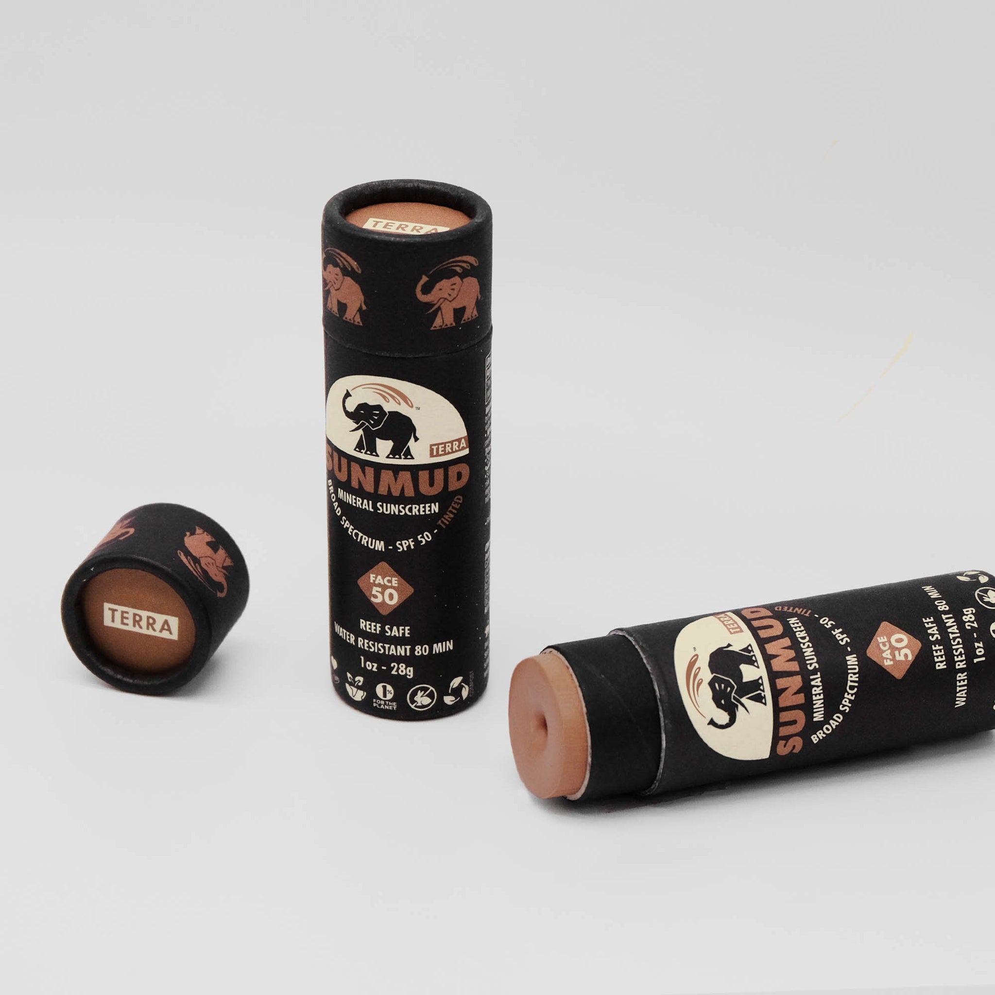 SUNMUD mineral sunscreen, black and brown tube, visible product and packaging with brand name and logo