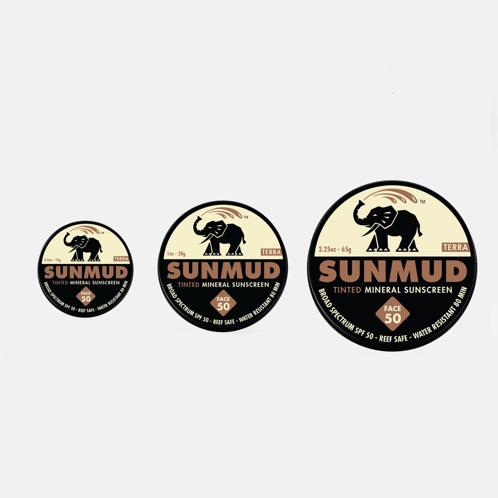 SUNMUD tinted mineral sunscreen with black and brown circular label, SPF 50 face protection