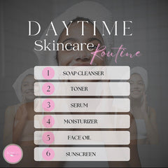 Daytime skincare routine graphic with pink and white text on a gray background, featuring a woman with a towel on her head and a logo