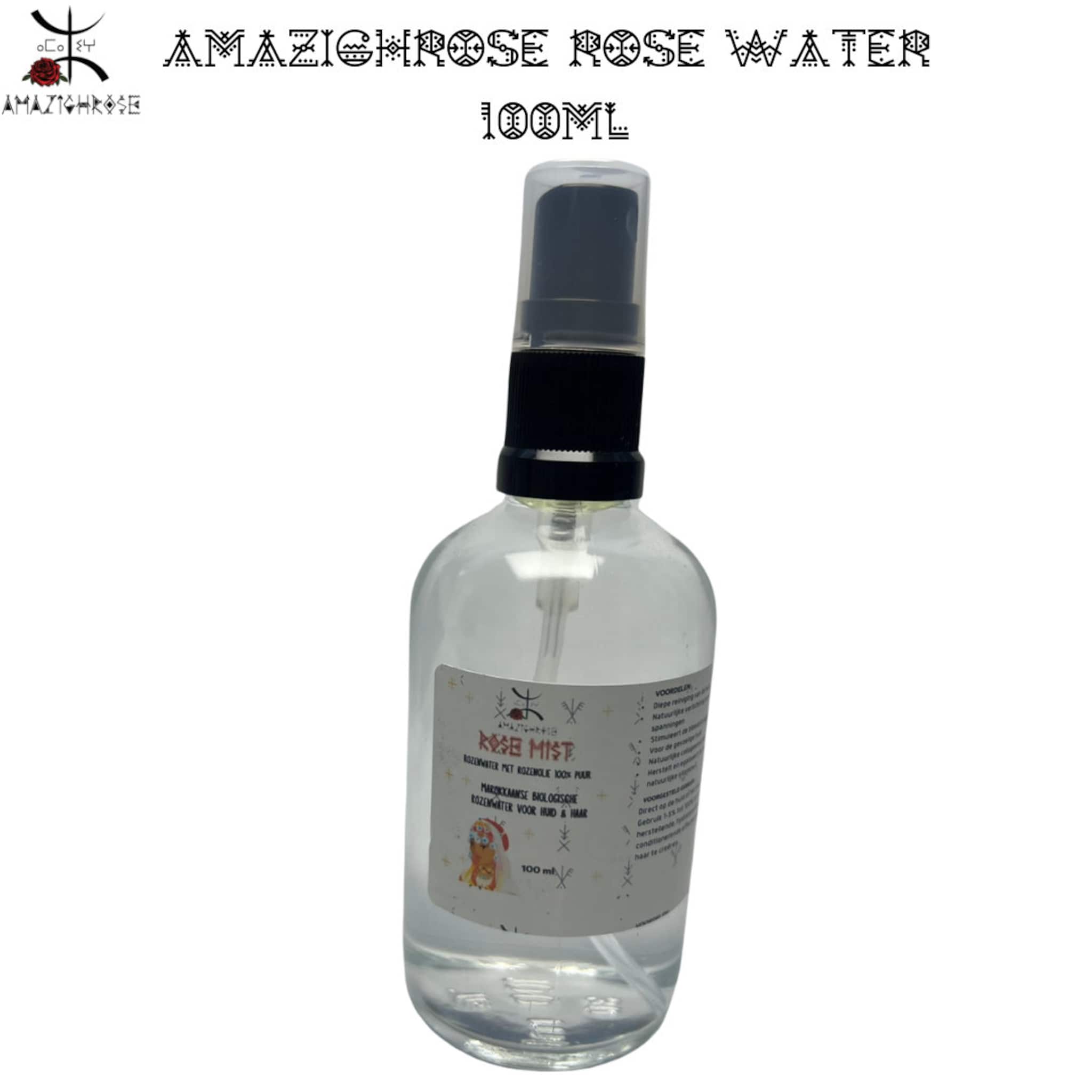 Rose water spray bottle, clear glass, black cap, and "AMAZIGHROSE" label visible