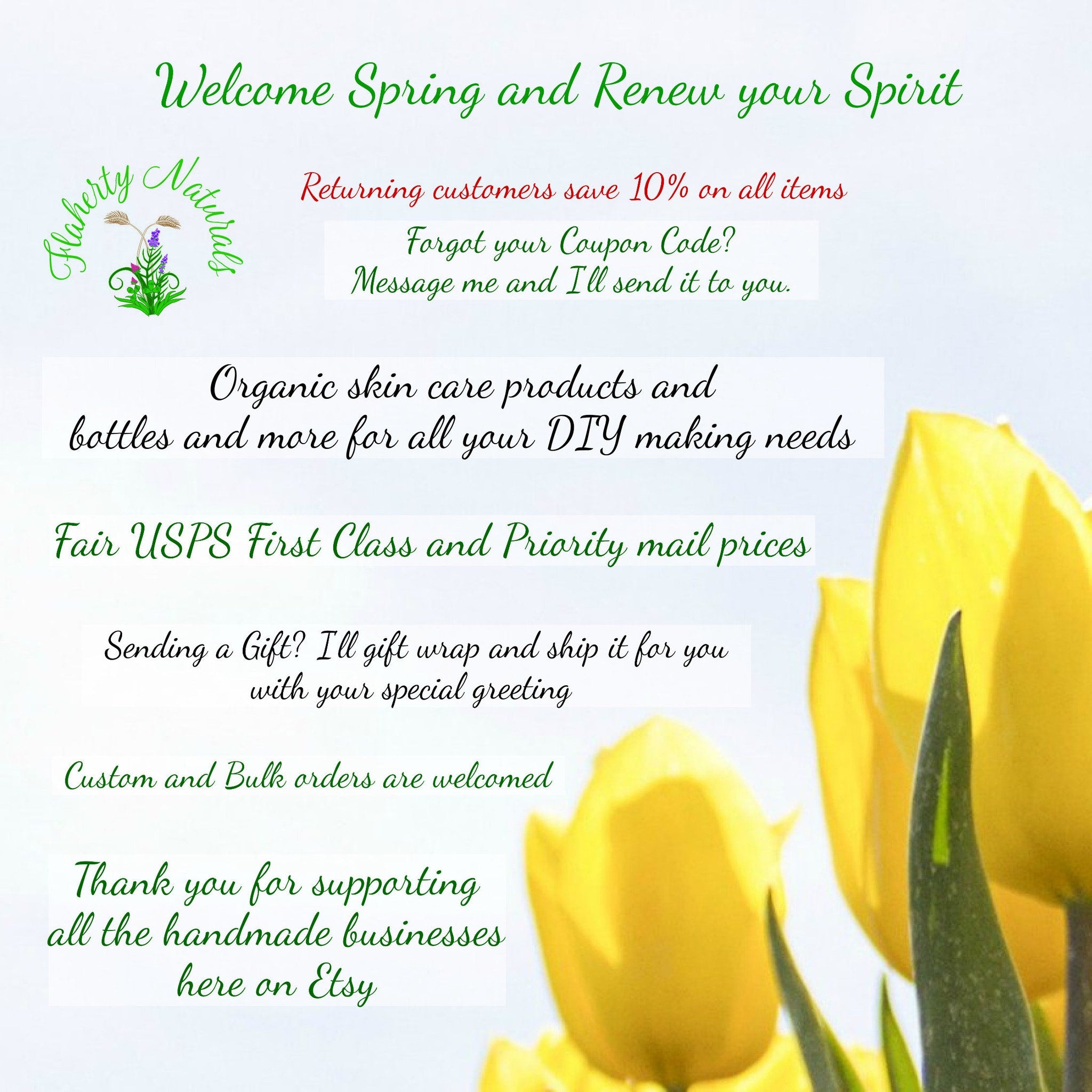 Flaherty Naturals logo with green and purple floral design, text on white background, and yellow tulips in the corner