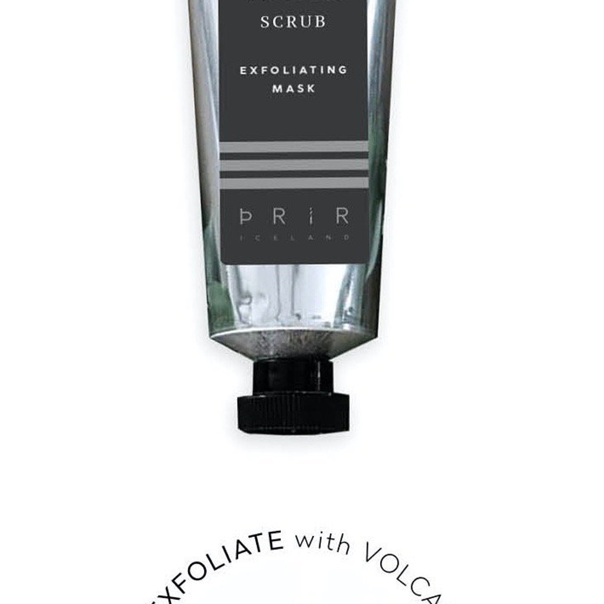 Exfoliating mask tube with silver and black packaging, PRIR Iceland brand visible