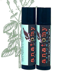 Lip balm tubes with black caps, Anatomy Naturals brand, and a mint leaf design on white background.