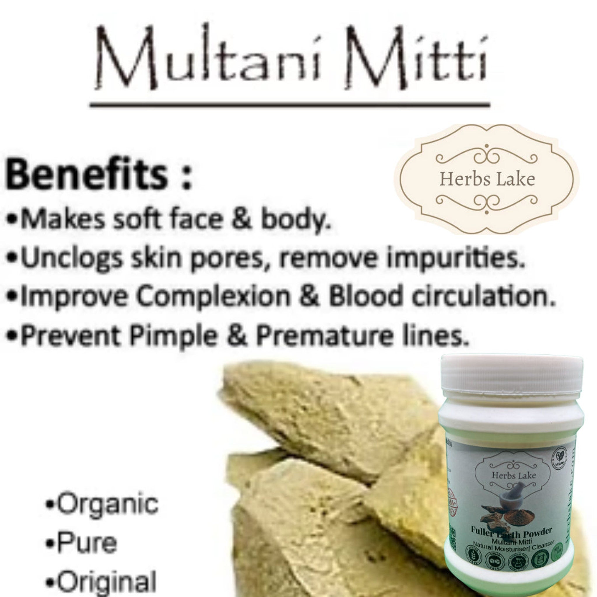 Multani Mitti powder with Herbs Lake label, green and white container, and beige powder