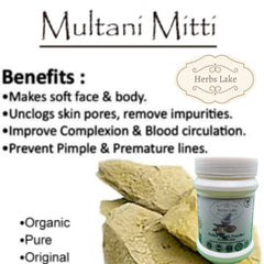 Multani Mitti powder with Herbs Lake label, green and white container, and beige powder
