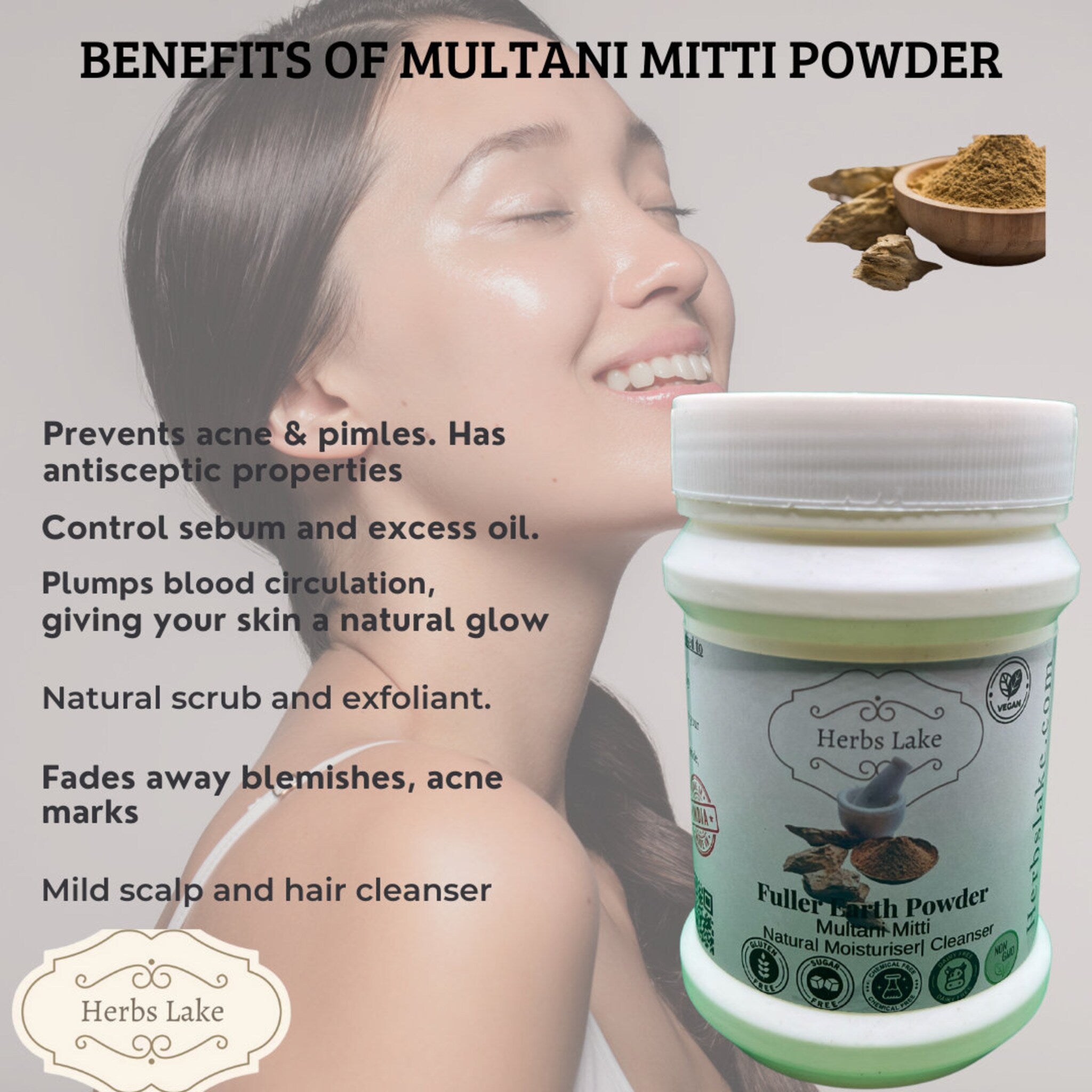 Multani mitti powder in white and green Herbs Lake bottle with smiling woman in background