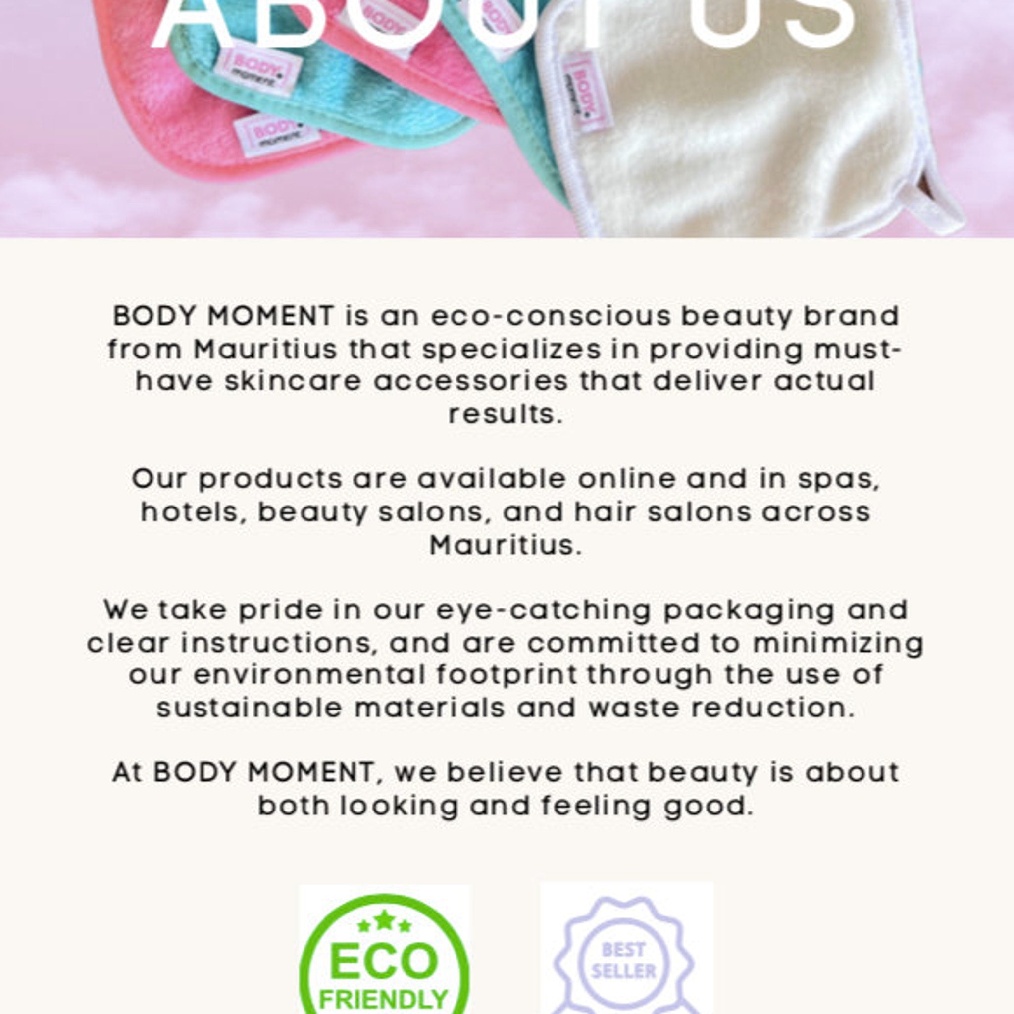 Skincare accessories, pink and blue fabric, white brand label, Body Moment logo visible