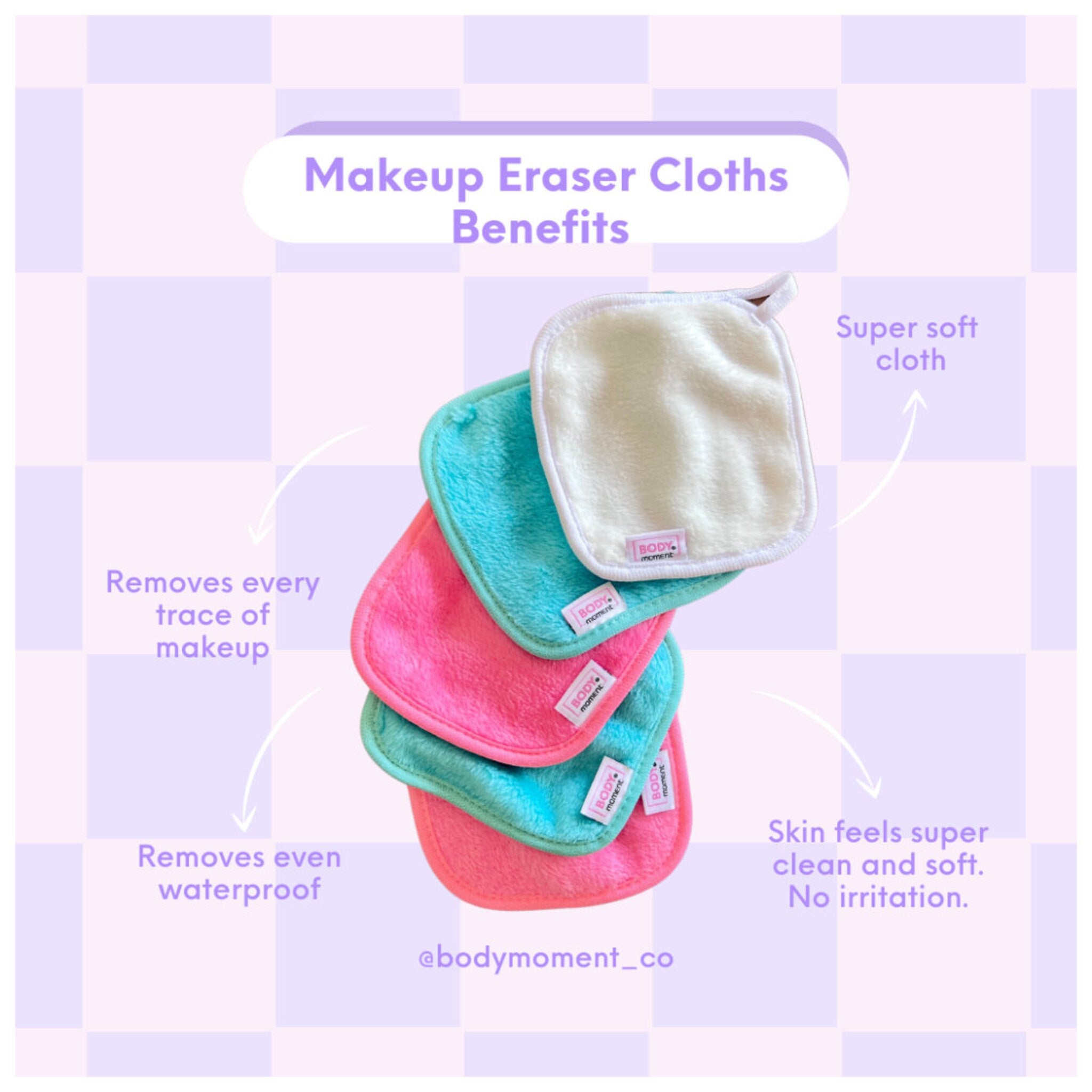 Makeup eraser cloths in pink, teal, and white, with Body Moment logo, stacked together