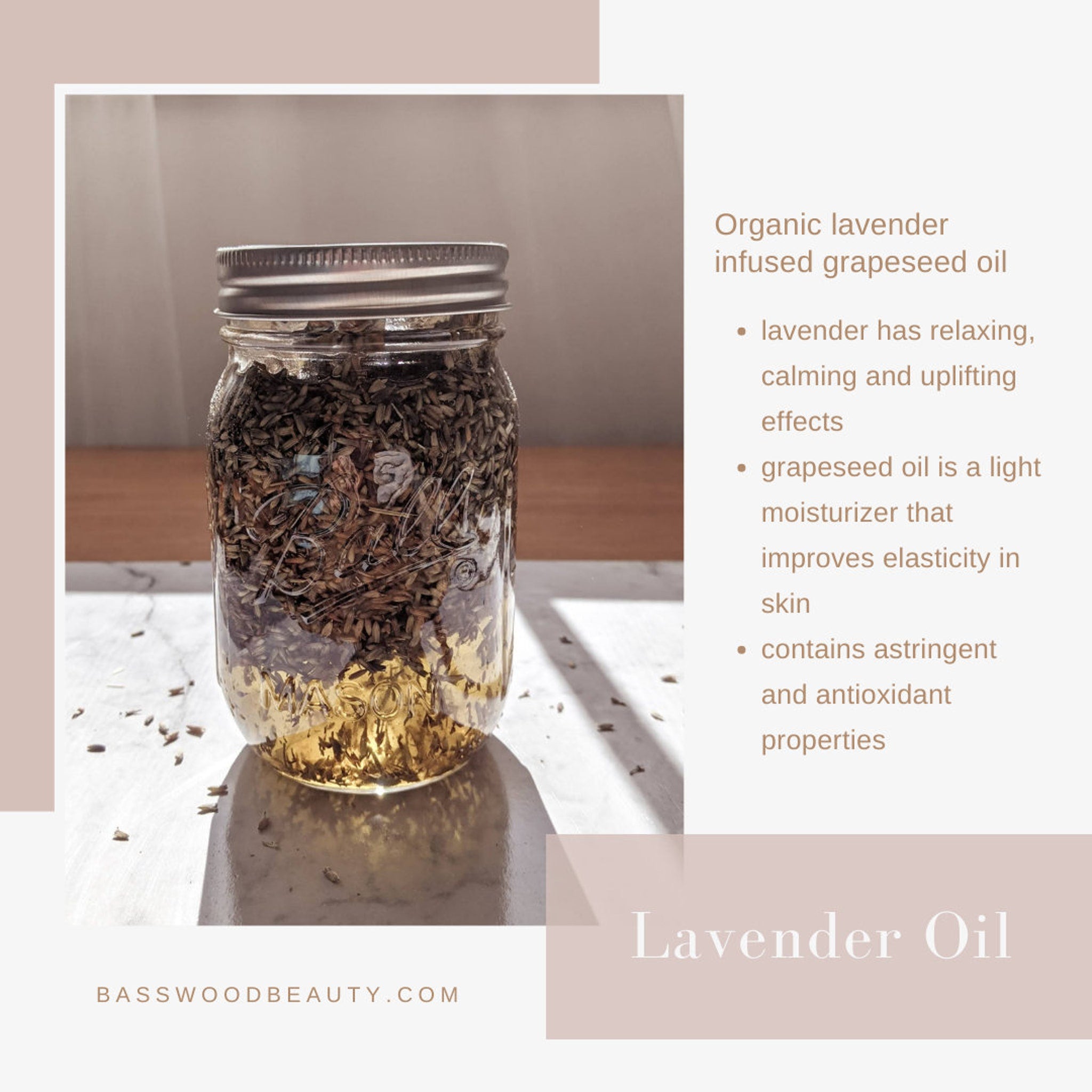 Lavender oil in glass jar with metal lid, containing herbs and liquid, Basswood Beauty branding