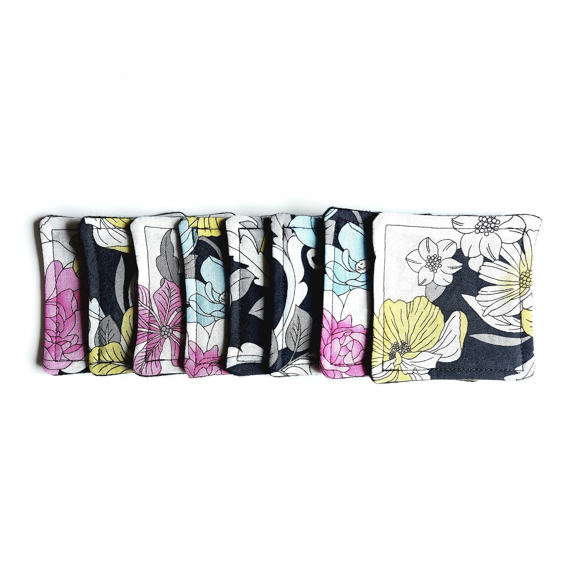 Floral fabric coasters, black and white floral pattern, square shape for drinks