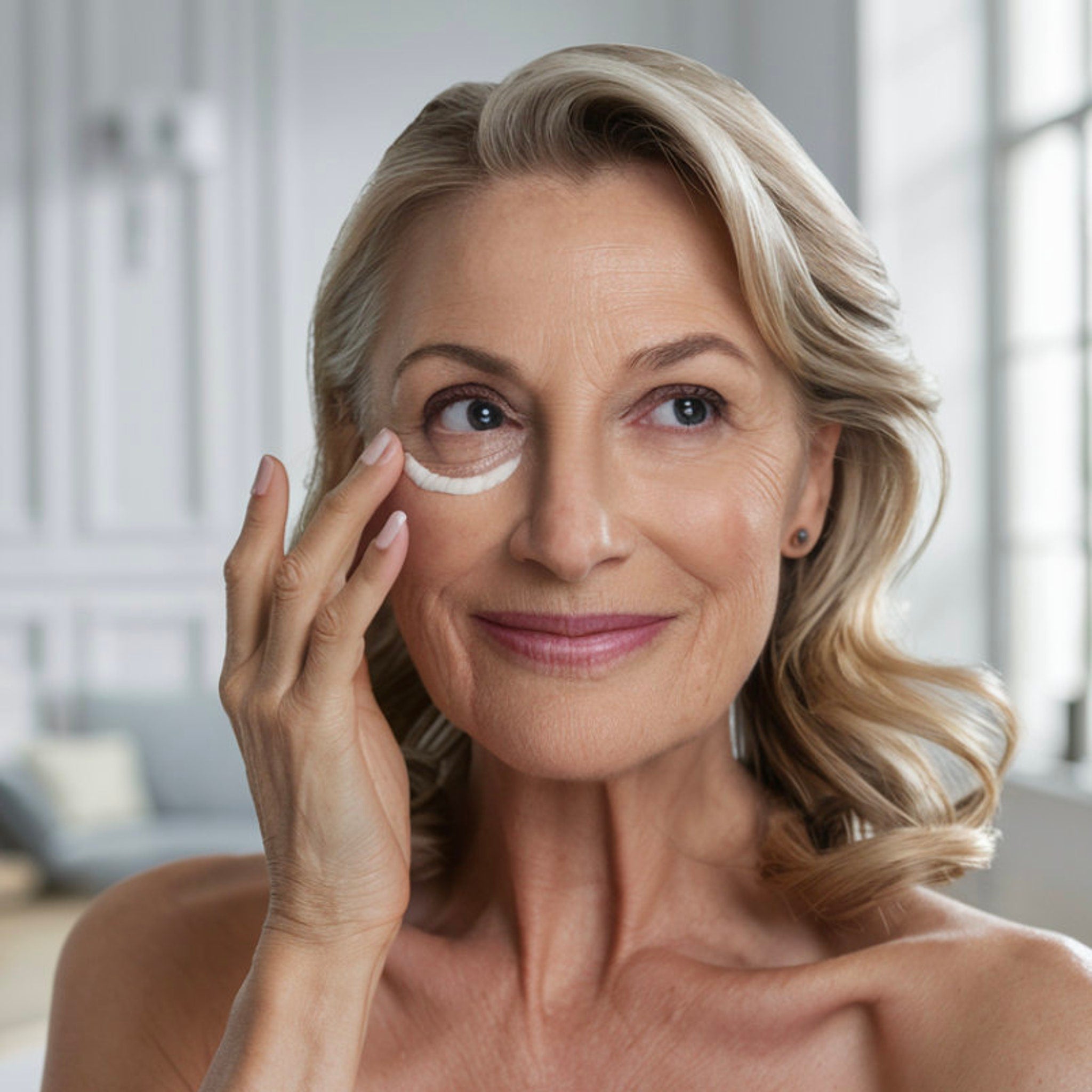 Eye cream application, woman with blonde hair applying white cream under eye, skincare routine