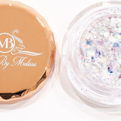 Side view of iridescent white glitter eyeshadow pot reflecting blue and pink shimmer in angled light