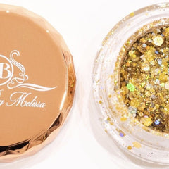 Side view of True Gold Glitter Eyeshadow pot showing rich metallic shimmer and compact size