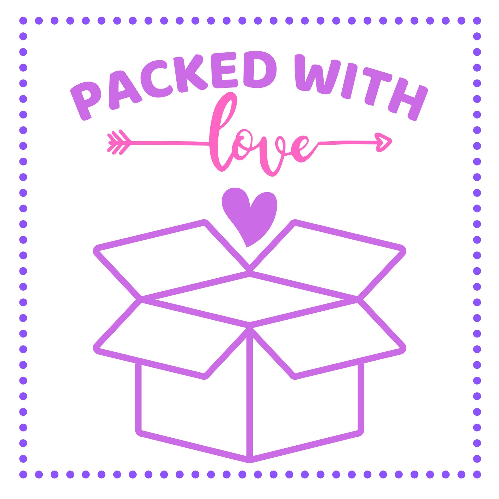 Box graphic with purple outline, pink arrow, and "Packed With Love" text on white background