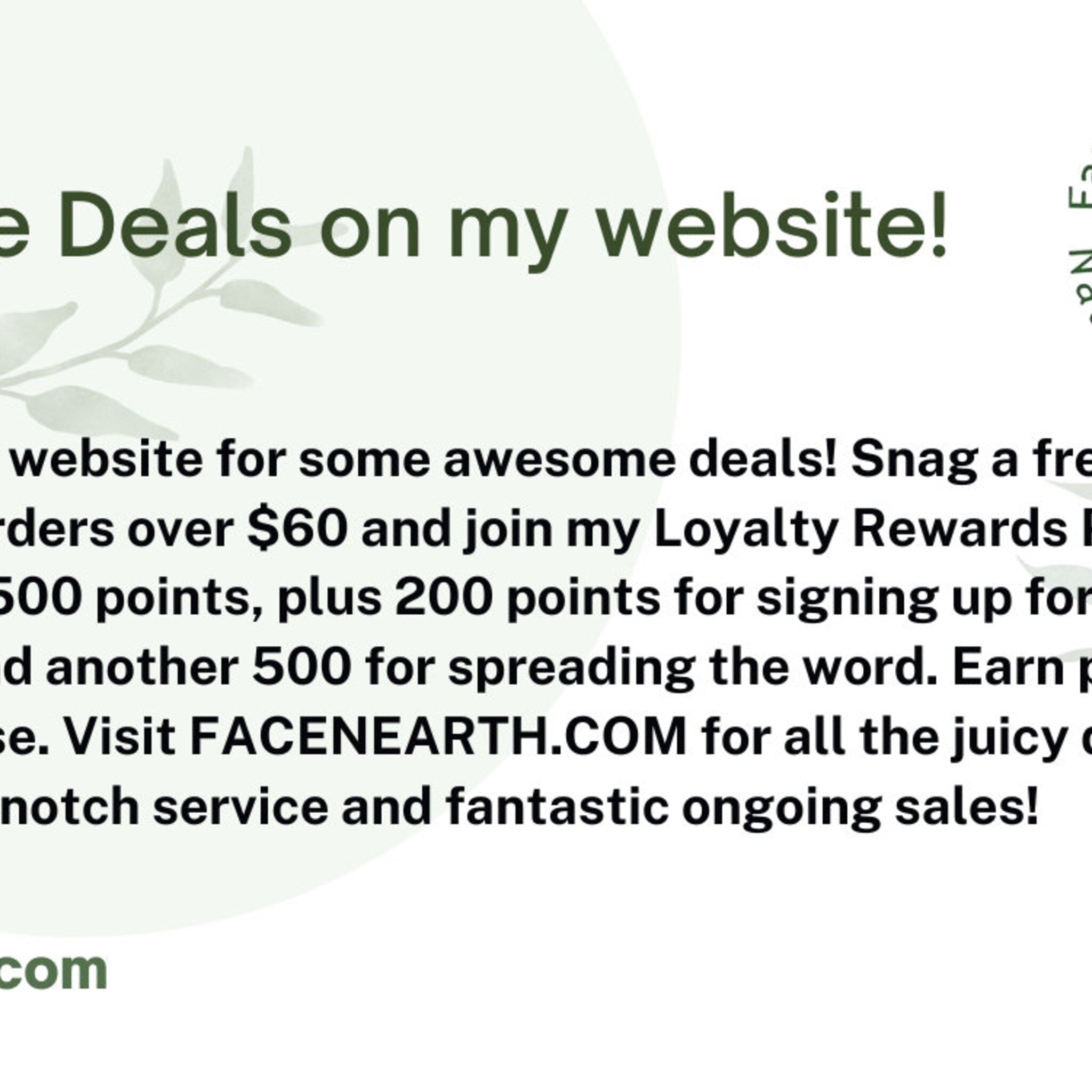 Website promotion graphic with green text on white background, FACENEARTH.COM text visible, deals promotion