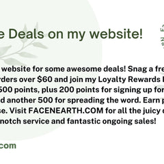 Website promotion graphic with green text on white background, FACENEARTH.COM text visible, deals promotion