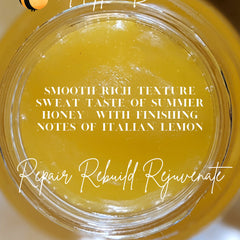 Honey jar with yellow liquid, clear glass, and white text overlay