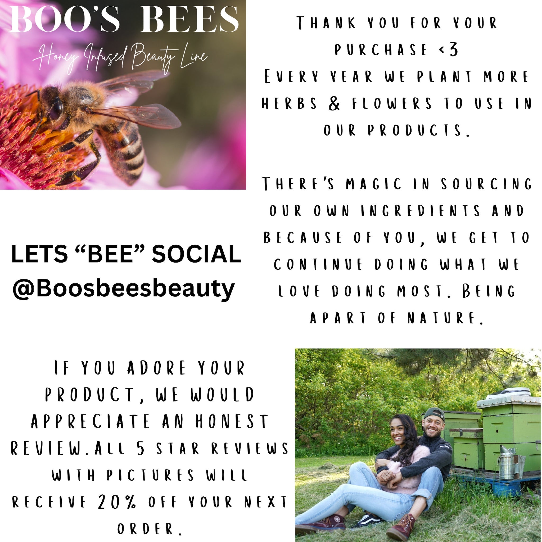 Bee and flower photo with Boo's Bees branding, pink flower, brown and black bee, Honey Infused Beauty Line text