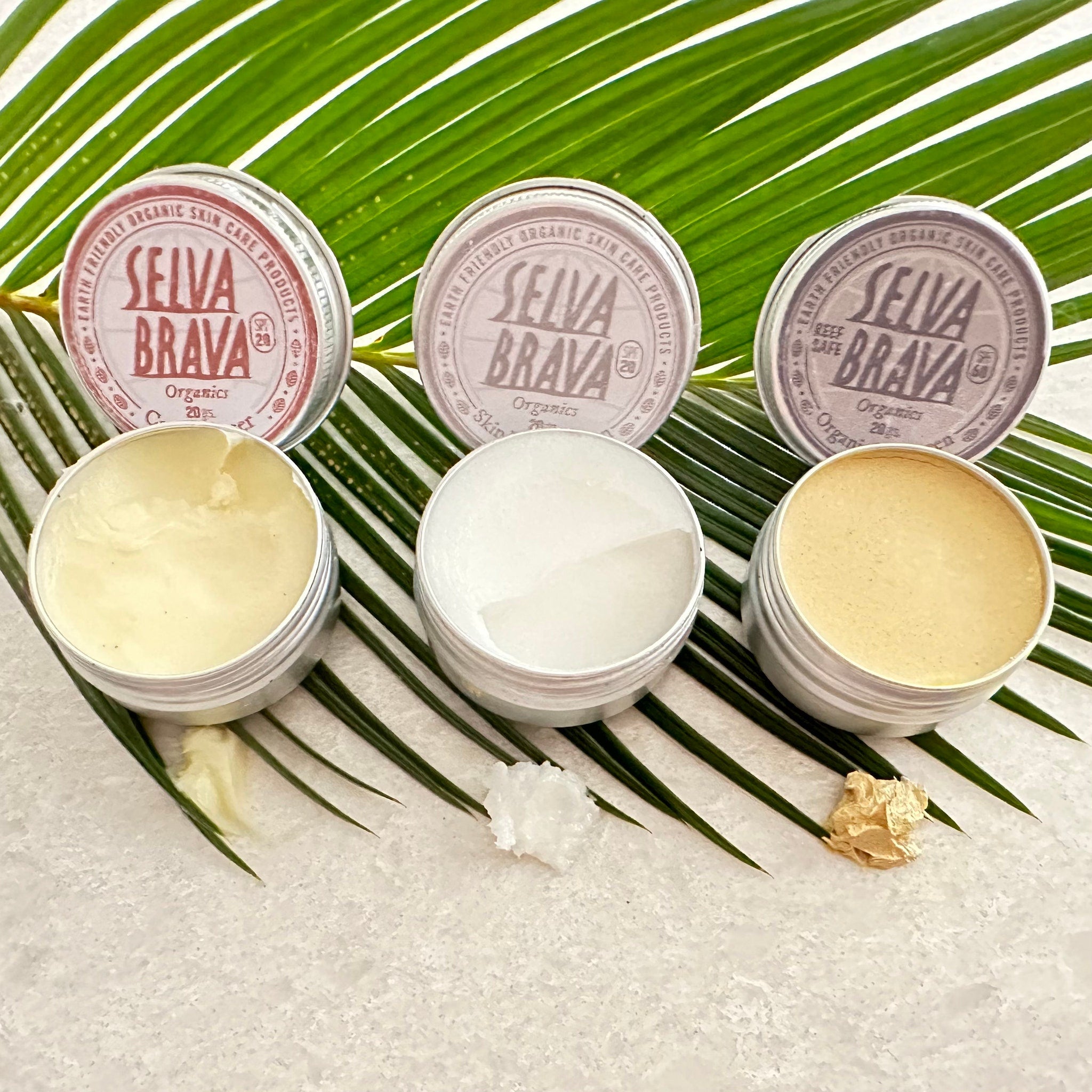 Skin care products in silver tins with SELVA BRAVA branding, various colors of cream, on leaf