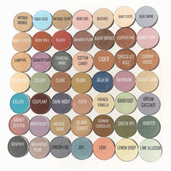 Eyeshadow palette with various colors, round pans, and text labels for each shade