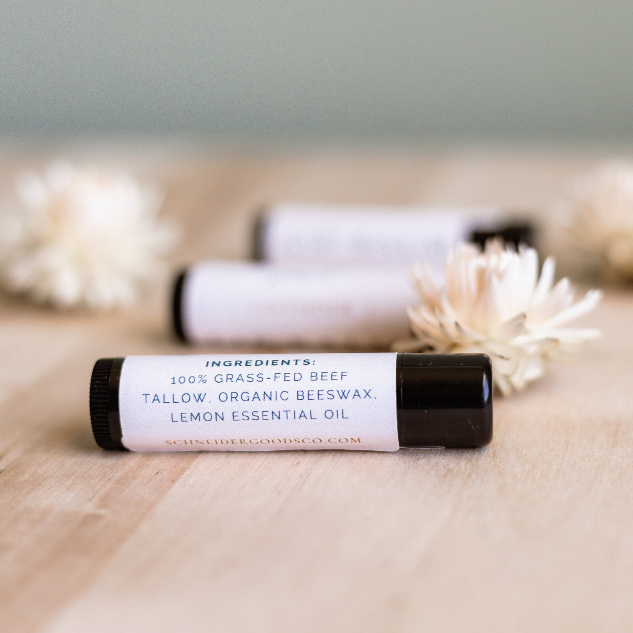Lip balm tube with black cap, white label, and SCHNEIDERGOODSCO text on a wooden surface