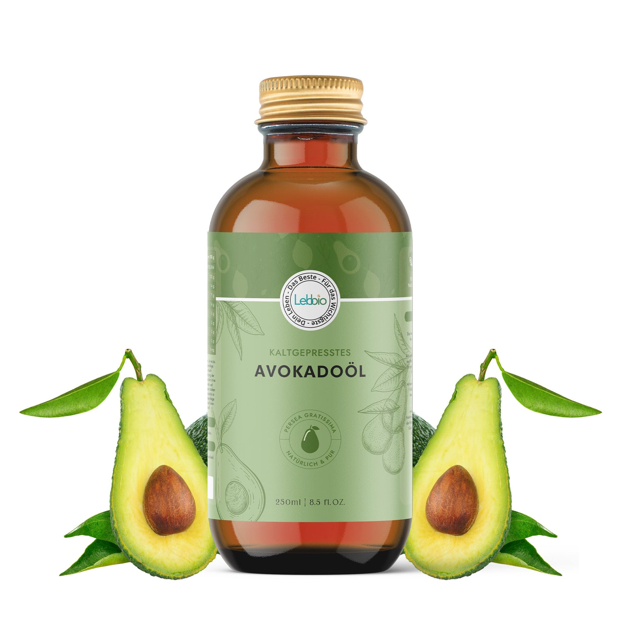 Avocado oil bottle with brown glass, gold cap, and Lebbio label, with avocado halves and leaves