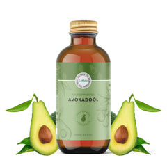Avocado oil bottle with brown glass, gold cap, and Lebbio label, with avocado halves and leaves