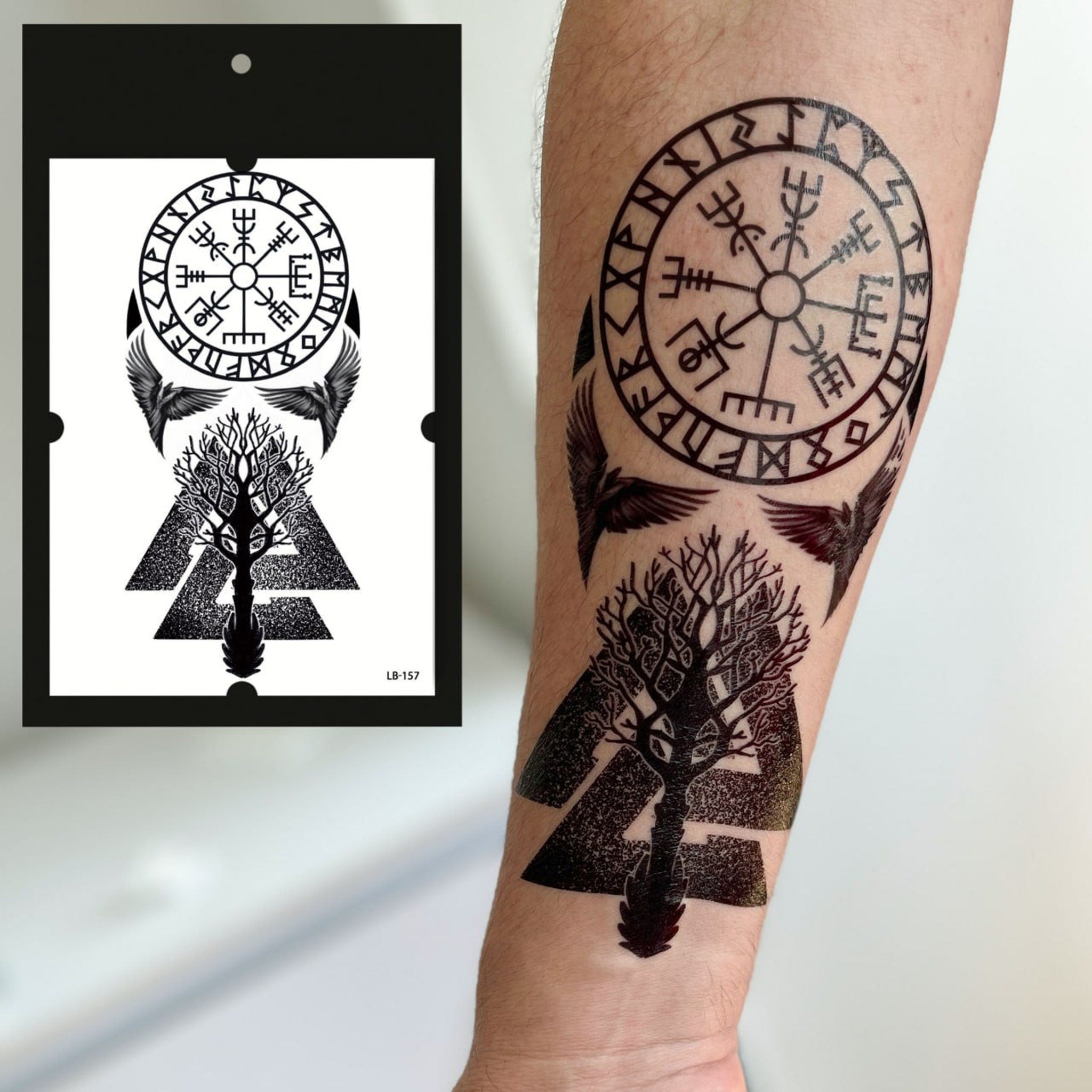 Close-up of realistic Viking rune temporary tattoo with intricate Yggdrasil tree design on skin, showing detailed texture