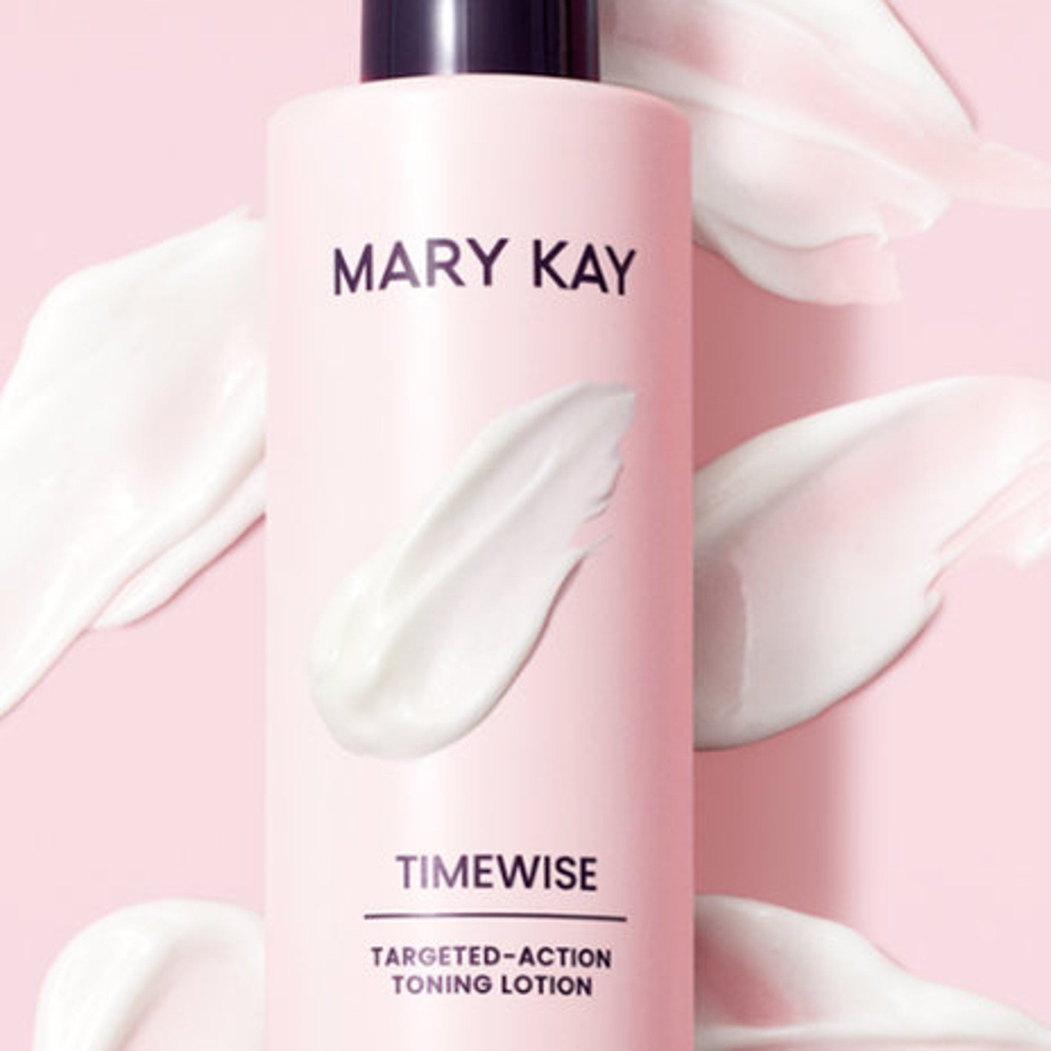 Mary Kay Timewise lotion bottle with pink and white background and cream swirls