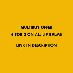 Lip balm promotion on yellow background with black text, "4 for 3" offer, link in description